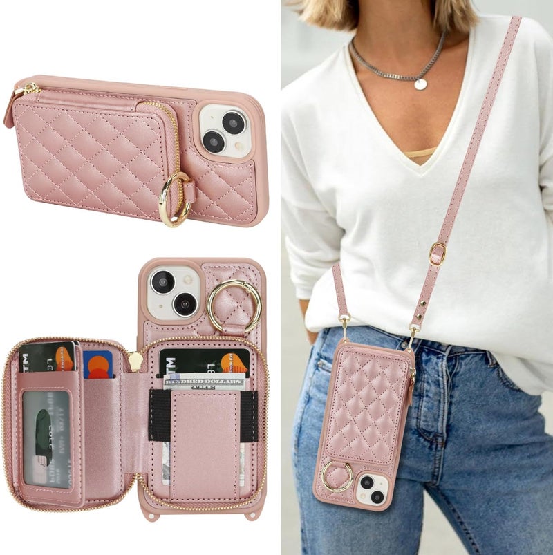 Hamany Crossbody Wallet Case for iPhone 13, PU Leather Zipper Handbag Purse Flip Cover, Kickstand Folio Case with Card Slots Holder Wrist Strap Lanyard 5G 6.1 Inch-Rose Gold - Image 1